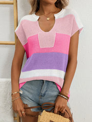 Color Block Notched Short Sleeve Knit Top - kinko