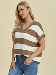 Double Take Full Size Striped V-Neck Short Sleeve Sweater - kinko