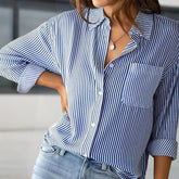 Women's Elegant Striped Long Sleeve Shirt - Pointed Lapel Collar With Chest Pocket, Button-Up Casual Blouse For Spring&Fall - kinko