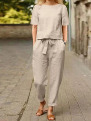 Full Size Round Neck Short Sleeve Top and Pants Set Plus Size - kinko
