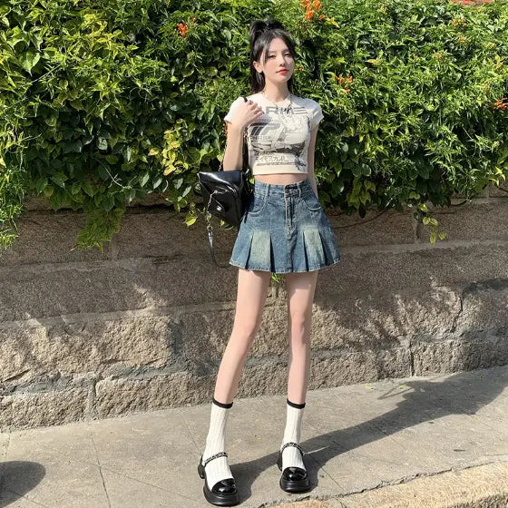 Denim Pleated For Women Summer High Waist Anti-exposure Skirt - kinko