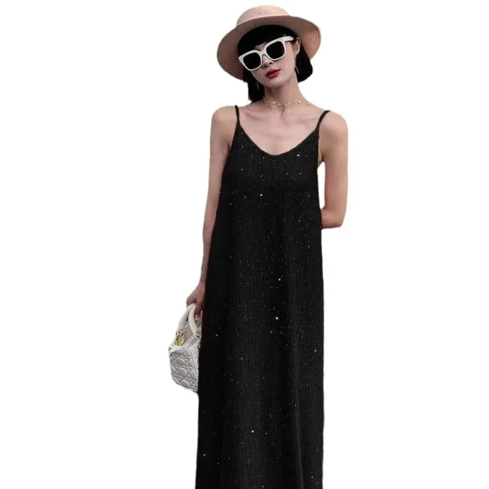 Design Sequin Pleated Temperament Camisole Dress - kinko