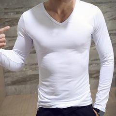 Men Shirt Long Sleeve Men's Clothing Solid Color Pullover Sweatshirt V Neck Slim Male Casual Base Shirt Autumn 2021