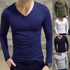 Men Shirt Long Sleeve Men's Clothing Solid Color Pullover Sweatshirt V Neck Slim Male Casual Base Shirt Autumn 2021