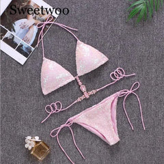 2019 New Ornaments Swimwear Women Sequins Diamond Bikini set Bathing Suit Sexy Push up Stones Straps Swimsuit Monokini