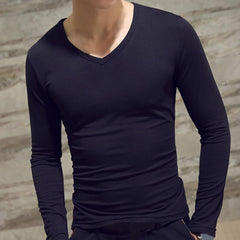 Men Shirt Long Sleeve Men's Clothing Solid Color Pullover Sweatshirt V Neck Slim Male Casual Base Shirt Autumn 2021