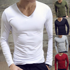 Men Shirt Long Sleeve Men's Clothing Solid Color Pullover Sweatshirt V Neck Slim Male Casual Base Shirt Autumn 2021