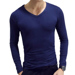 Men Shirt Long Sleeve Men's Clothing Solid Color Pullover Sweatshirt V Neck Slim Male Casual Base Shirt Autumn 2021