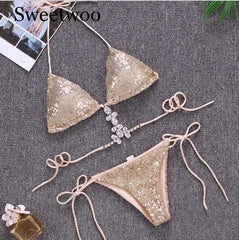 2019 New Ornaments Swimwear Women Sequins Diamond Bikini set Bathing Suit Sexy Push up Stones Straps Swimsuit Monokini