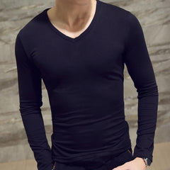 Men Shirt Long Sleeve Men's Clothing Solid Color Pullover Sweatshirt V Neck Slim Male Casual Base Shirt Autumn 2021
