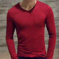 Men Shirt Long Sleeve Men's Clothing Solid Color Pullover Sweatshirt V Neck Slim Male Casual Base Shirt Autumn 2021