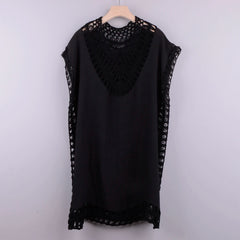 Bestickte Strandkleider für Damen, Tunika, Strandkleid, einfarbige Bluse, Strandbekleidung, Bikini mit Spitze, Netzmuster, Wickelkleid, schwarzes Strandkleid