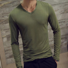 Men Shirt Long Sleeve Men's Clothing Solid Color Pullover Sweatshirt V Neck Slim Male Casual Base Shirt Autumn 2021