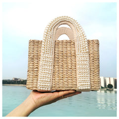 פניני חוף תיק נשים 2020 קיץ חדש אלגנטי ארוג חרוזים קש תיק נשי בוהמיה סרוג גדול Tote תיק חופשה מזדמן