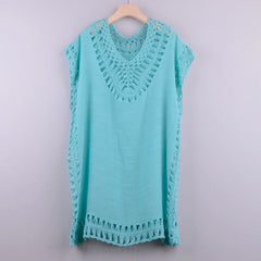 Bestickte Strandkleider für Damen, Tunika, Strandkleid, einfarbige Bluse, Strandbekleidung, Bikini mit Spitze, Netzmuster, Wickelkleid, schwarzes Strandkleid