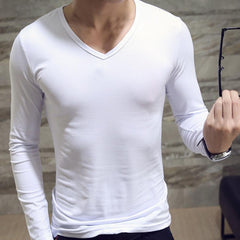 Men Shirt Long Sleeve Men's Clothing Solid Color Pullover Sweatshirt V Neck Slim Male Casual Base Shirt Autumn 2021