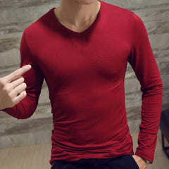 Men Shirt Long Sleeve Men's Clothing Solid Color Pullover Sweatshirt V Neck Slim Male Casual Base Shirt Autumn 2021