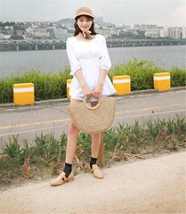 Summer Handmade Bags for Women Beach Weaving Ladies Straw Bag Wrapped Beach Bag Moon shaped Top Handle Handbags Totes