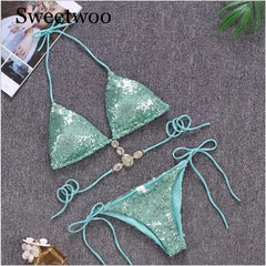 2019 New Ornaments Swimwear Women Sequins Diamond Bikini set Bathing Suit Sexy Push up Stones Straps Swimsuit Monokini