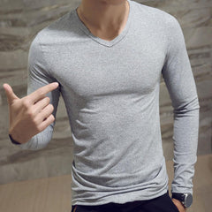 Men Shirt Long Sleeve Men's Clothing Solid Color Pullover Sweatshirt V Neck Slim Male Casual Base Shirt Autumn 2021