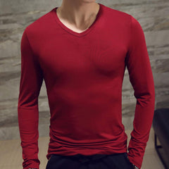 Men Shirt Long Sleeve Men's Clothing Solid Color Pullover Sweatshirt V Neck Slim Male Casual Base Shirt Autumn 2021