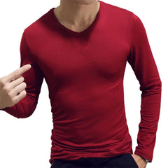 Men Shirt Long Sleeve Men's Clothing Solid Color Pullover Sweatshirt V Neck Slim Male Casual Base Shirt Autumn 2021