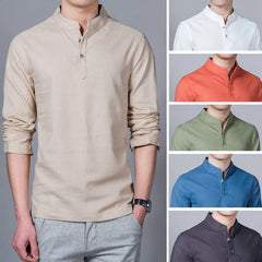 Men's Clothing Men Spring Tops & Tees Male Fashion T-Shirts Stand Collar Long-sleeved Slim Base Shirt Homme Linen t-shirt