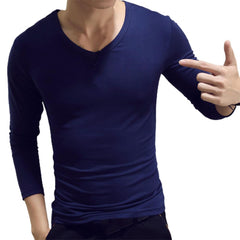 Men Shirt Long Sleeve Men's Clothing Solid Color Pullover Sweatshirt V Neck Slim Male Casual Base Shirt Autumn 2021