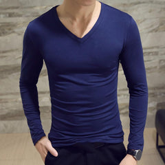 Men Shirt Long Sleeve Men's Clothing Solid Color Pullover Sweatshirt V Neck Slim Male Casual Base Shirt Autumn 2021