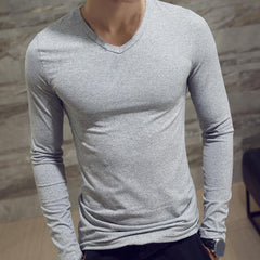 Men Shirt Long Sleeve Men's Clothing Solid Color Pullover Sweatshirt V Neck Slim Male Casual Base Shirt Autumn 2021