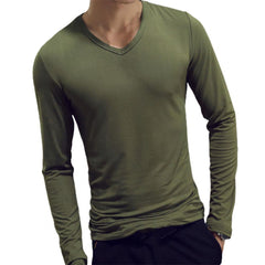 Men Shirt Long Sleeve Men's Clothing Solid Color Pullover Sweatshirt V Neck Slim Male Casual Base Shirt Autumn 2021