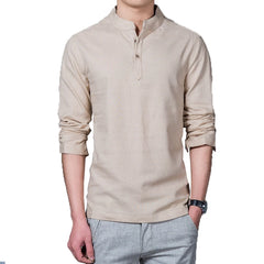 Men's Clothing Men Spring Tops & Tees Male Fashion T-Shirts Stand Collar Long-sleeved Slim Base Shirt Homme Linen t-shirt