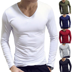 Men Shirt Long Sleeve Men's Clothing Solid Color Pullover Sweatshirt V Neck Slim Male Casual Base Shirt Autumn 2021
