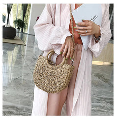Summer Handmade Bags for Women Beach Weaving Ladies Straw Bag Wrapped Beach Bag Moon shaped Top Handle Handbags Totes