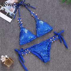 2019 New Ornaments Swimwear Women Sequins Diamond Bikini set Bathing Suit Sexy Push up Stones Straps Swimsuit Monokini