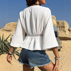 Solid Color Hollow-out Waist Inlaid Lace Shirt - kinko