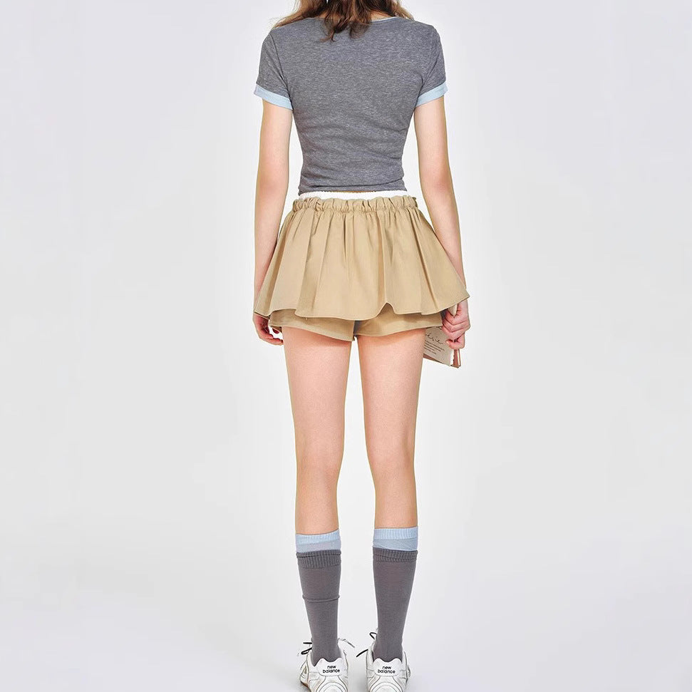 Wear Khaki Low Waist Drawstring Lace Puff Short Skirt - kinko