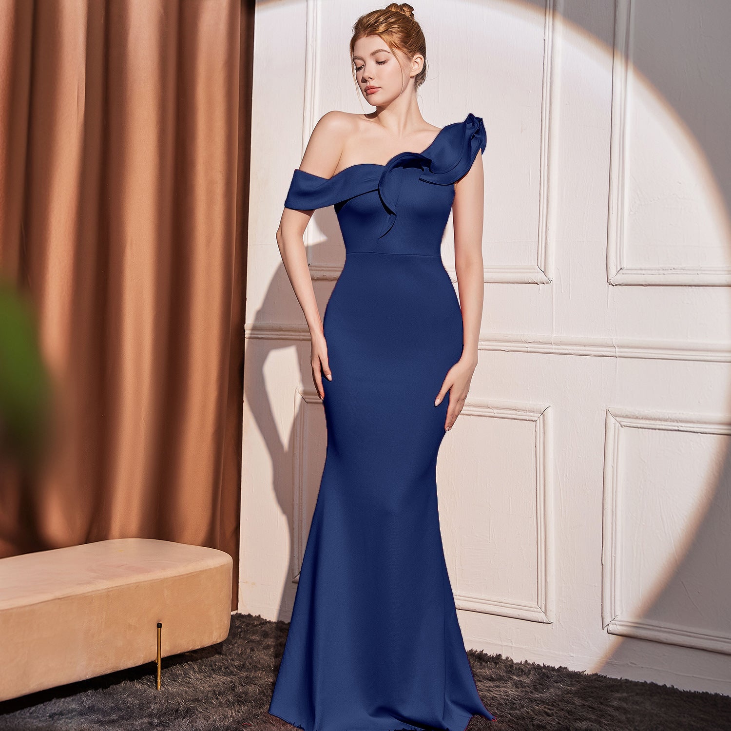 High-end Slant Shoulder Slimming Long Dress - kinko