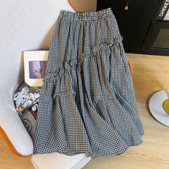 Summer Elastic Waist French Black And White Plaid Irregular A- Line Skirt - kinko