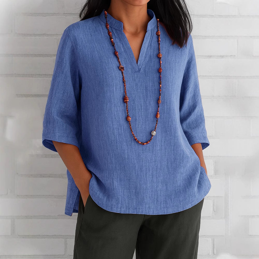 Summer Women's Clothing V-neck 34 Sleeves Cotton And Linen Loose Casual Shirt - kinko