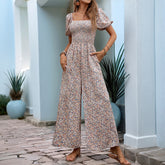 Square Collar Puff Sleeve Vacation Style Floral Jumpsuit - kinko