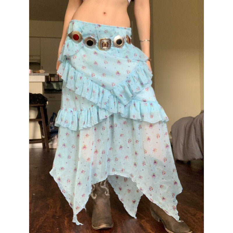 Sneaky Design Floral Flounce Irregular Long Dress - kinko