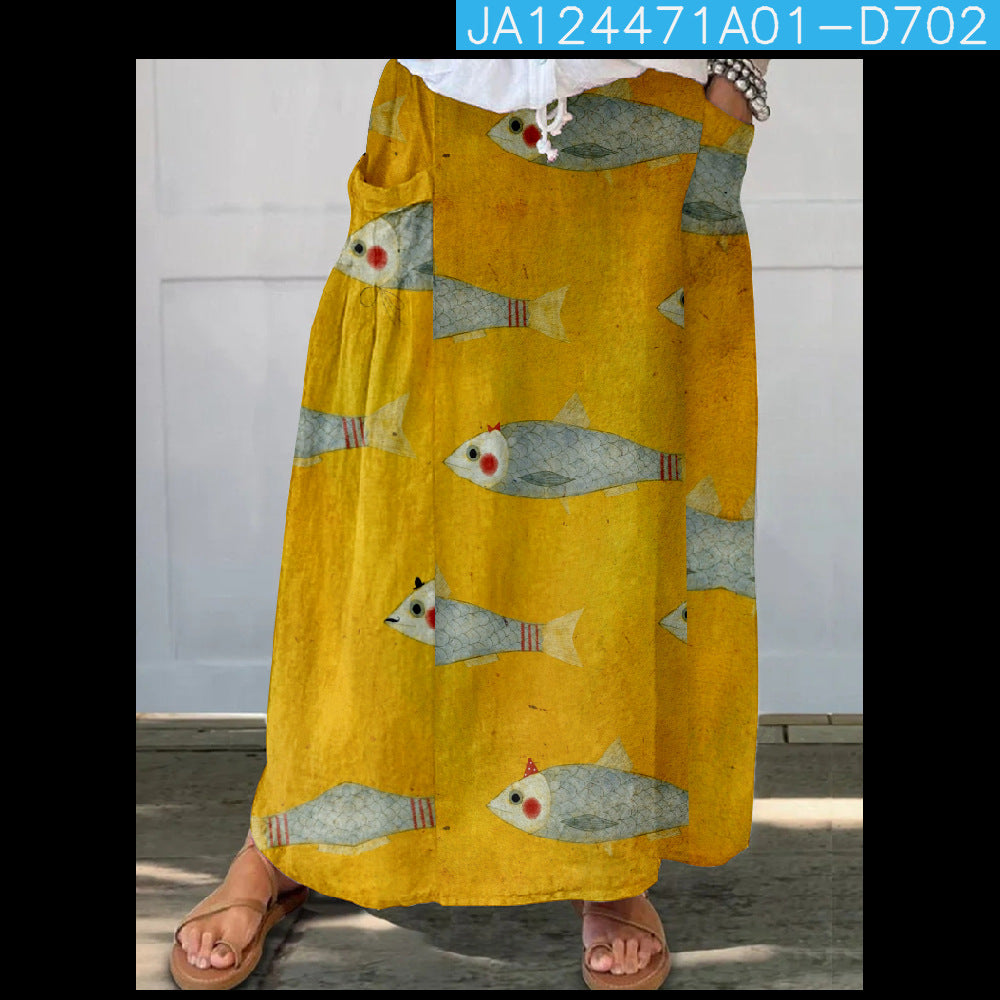 Women's Loose Versatile Pocket 3D Printed Midi Skirt - kinko