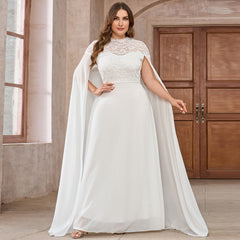 Women's Plus Size Solid Color Elegant Chiffon Round Neck Lace Stitching Cloak Evening Dress - kinko