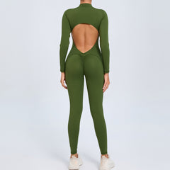 Women's Solid Color Backless Long-sleeve Zipper One-piece - kinko