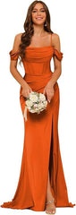 Off-the-shoulder Satin Bridesmaid Corset Ball Gown - kinko