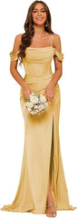 Off-the-shoulder Satin Bridesmaid Corset Ball Gown - kinko