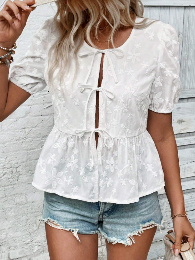 Solid Color Sweet Lace Puff Short Sleeve Shirt - kinko
