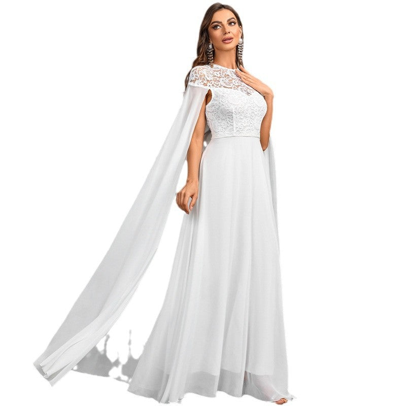 Women's Plus Size Solid Color Elegant Chiffon Round Neck Lace Stitching Cloak Evening Dress - kinko