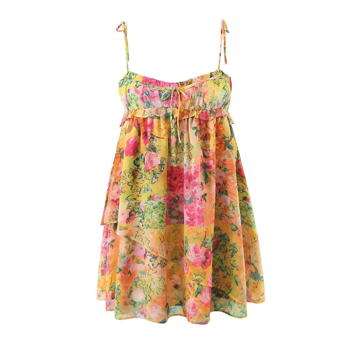 Y2K Flowers Print Suspender Dress Summer Fashion Ruffled Holiday Beach Short Dresses Womens Clothing - kinko